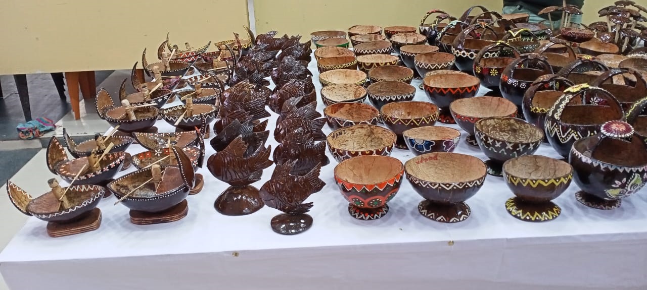 Exhibits of Coconut shell handicrafts made by GSDP trainees