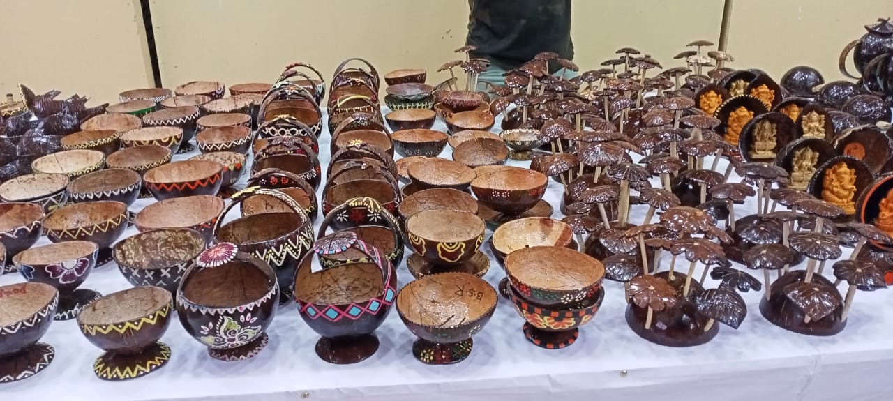 Exhibits of Coconut shell handicrafts made by GSDP trainees