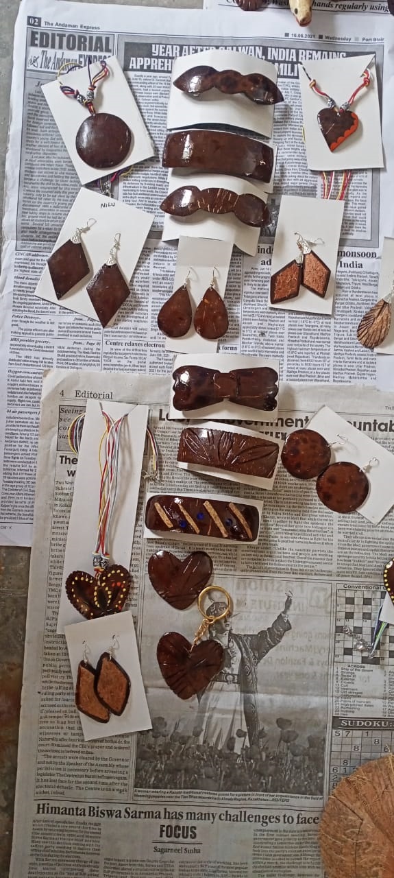 Coconut shell handicrafts made by trainees